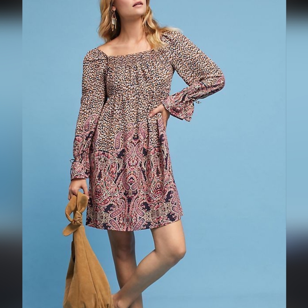 Maeve Paisley Long Sleeve Dress in Pink and Black